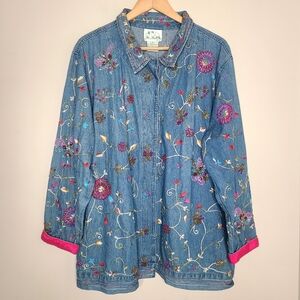 The Quacker Factory Embroidered Beaded Cotton Jacket Shacket Size 1X‎